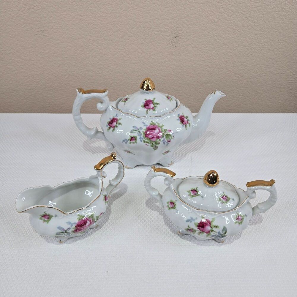 Vintage Lefton Elegant Rose Porcelain Tea Set Teapot Creamer Sugar Bowl
